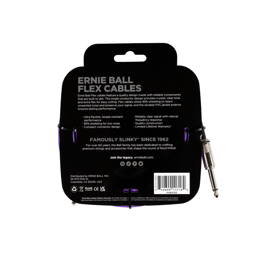 ERNIE BALL 6420 Кабель инструментальный, Flex, прямой/прямой джеки, 6 м, фиолетовый