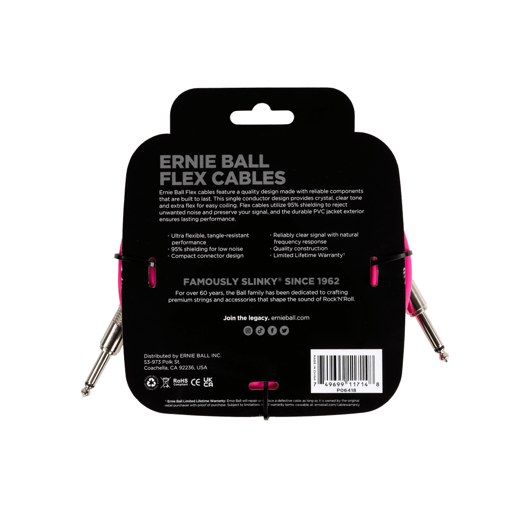ERNIE BALL 6418 Кабель инструментальный, Flex, прямой/прямой джеки, 6 м, розовый